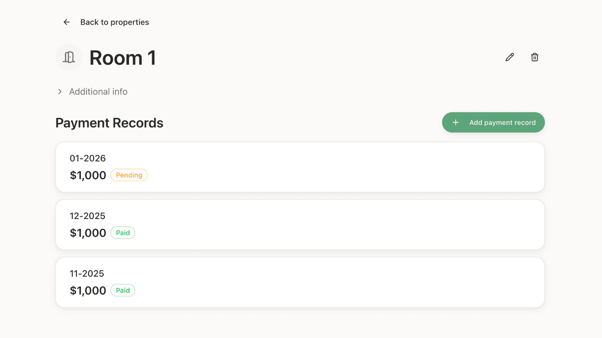Room detail view showing payment records